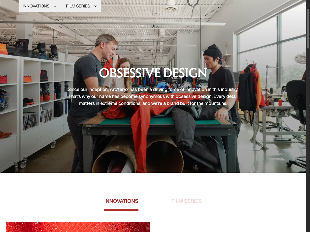 Arc'teryx - Obsessive Design homepage on desktop