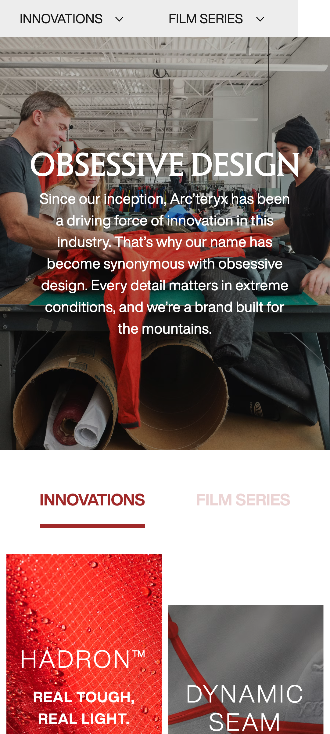 Arc'teryx - Obsessive Design homepage on mobile