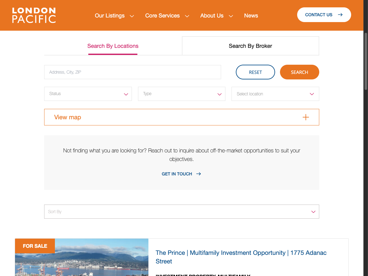 London Pacific listing search page on desktop