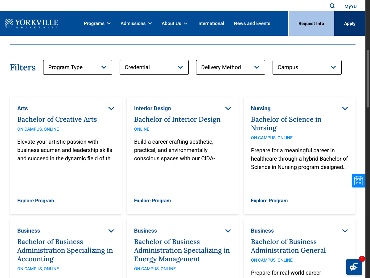 Yorkville University program overview page on desktop