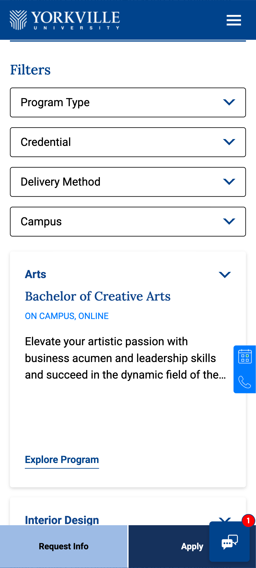 Yorkville University program overview page on mobile